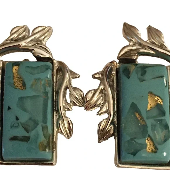Vintage Coro Confetti Turquoise Lucite Clip On Earrings Gold Flakes Silver Tone - Picture 3 of 8